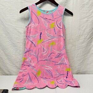 Three Friends Reversible Dress Kids Size 14 Teal Pink Flamingo Palm Tree Scallop